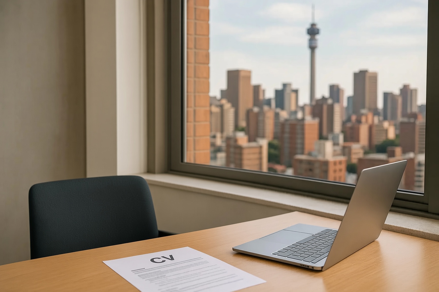 Laptop at a desk overlooking Johannesburg